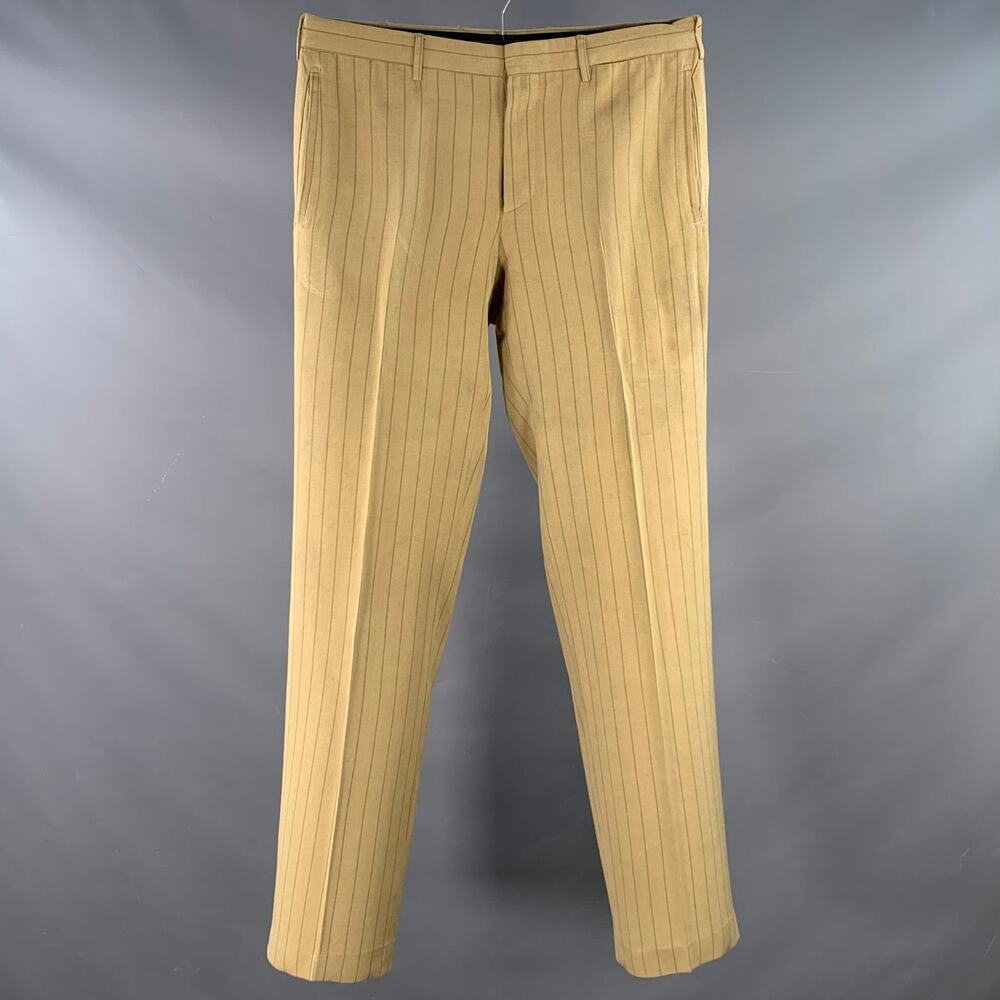 PRADA Size 32 Tan Brown Pinstripe Polyester Linen Button Fly Dress Pants
